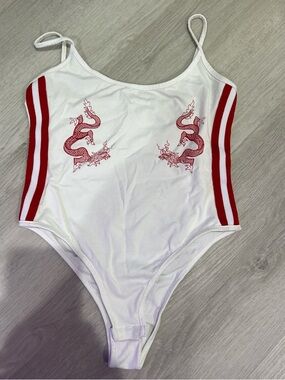 White One-Piece Swimsuit with Red Dragon Motif